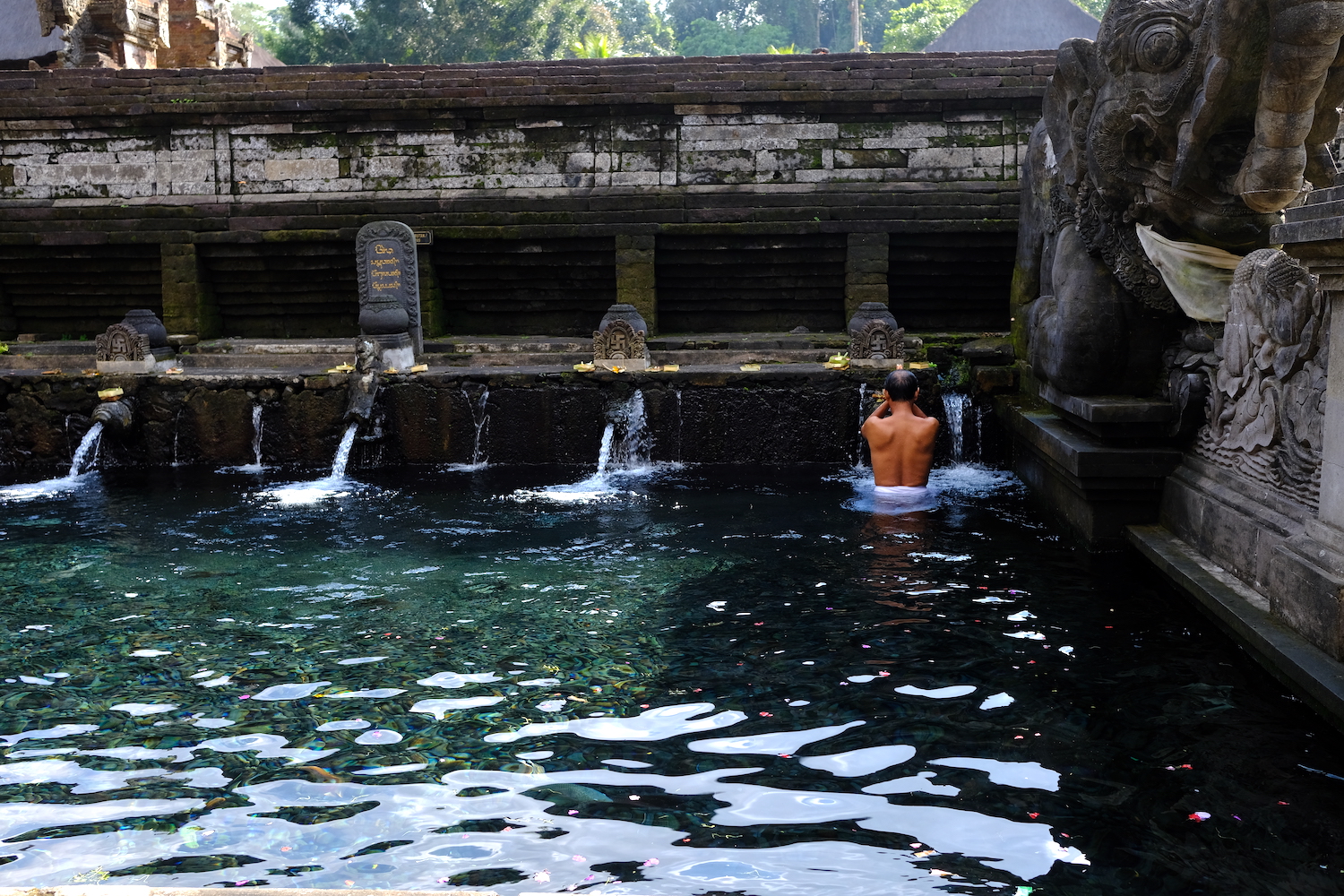 Fedele immerso nella vasca rituale del Tirta Empul. 