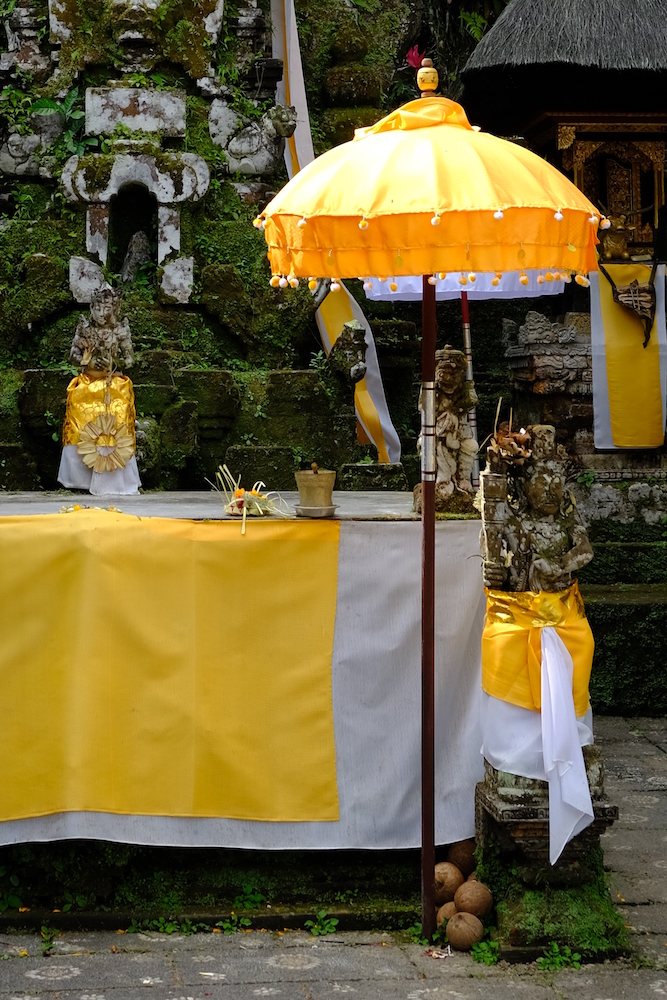 Il canang sari, o cestino delle offerte, viene spesso posto sugli altari dei templi.