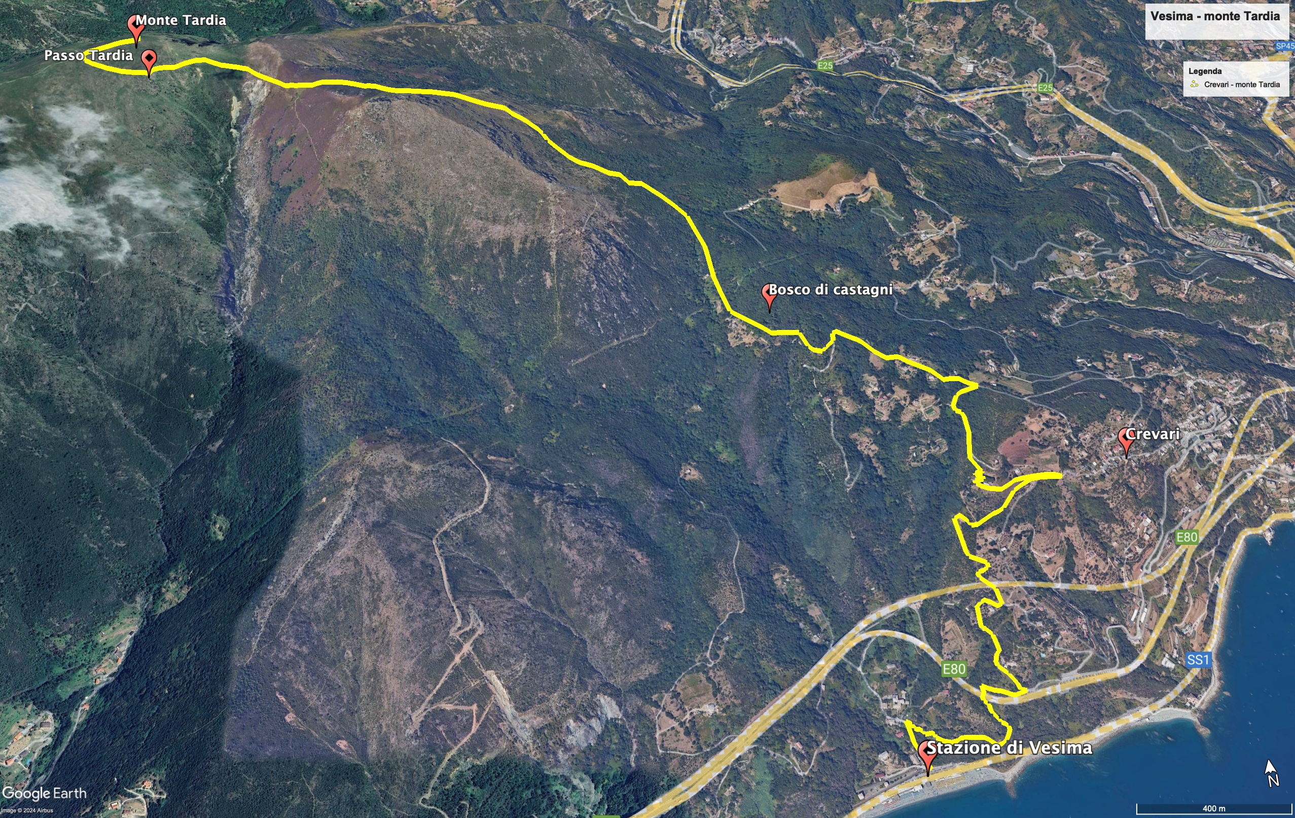 Mappa dell'escursione da Crevari al monte Tardia.