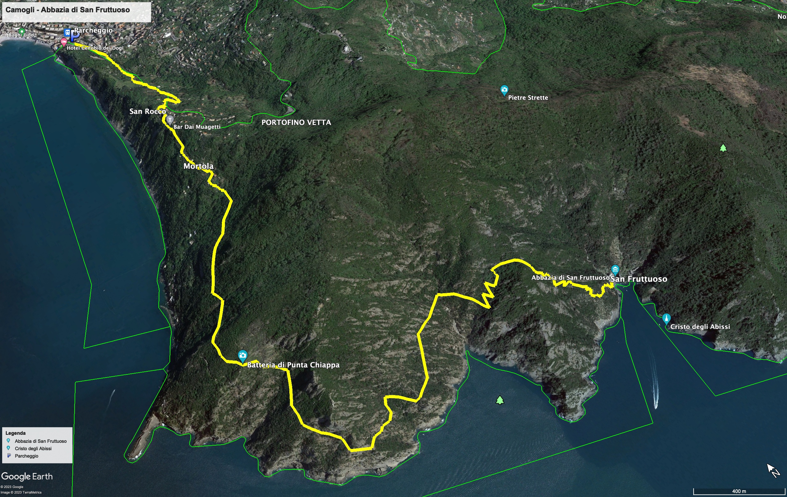 Mappa dell'escursione del passo del Bacio verso san Fruttuoso.