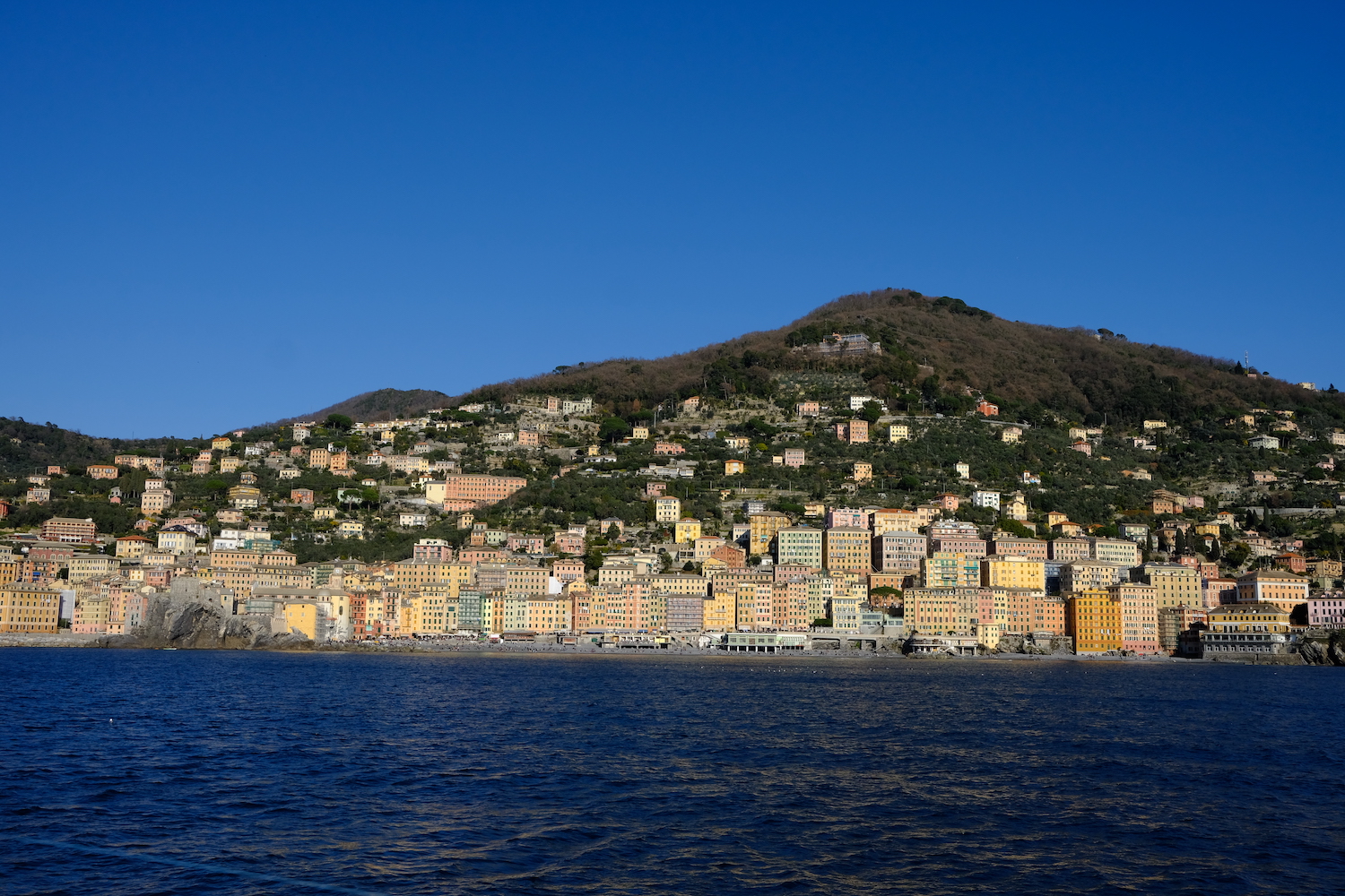 Il borgo marinaro di Camogli visto dal traghetto.