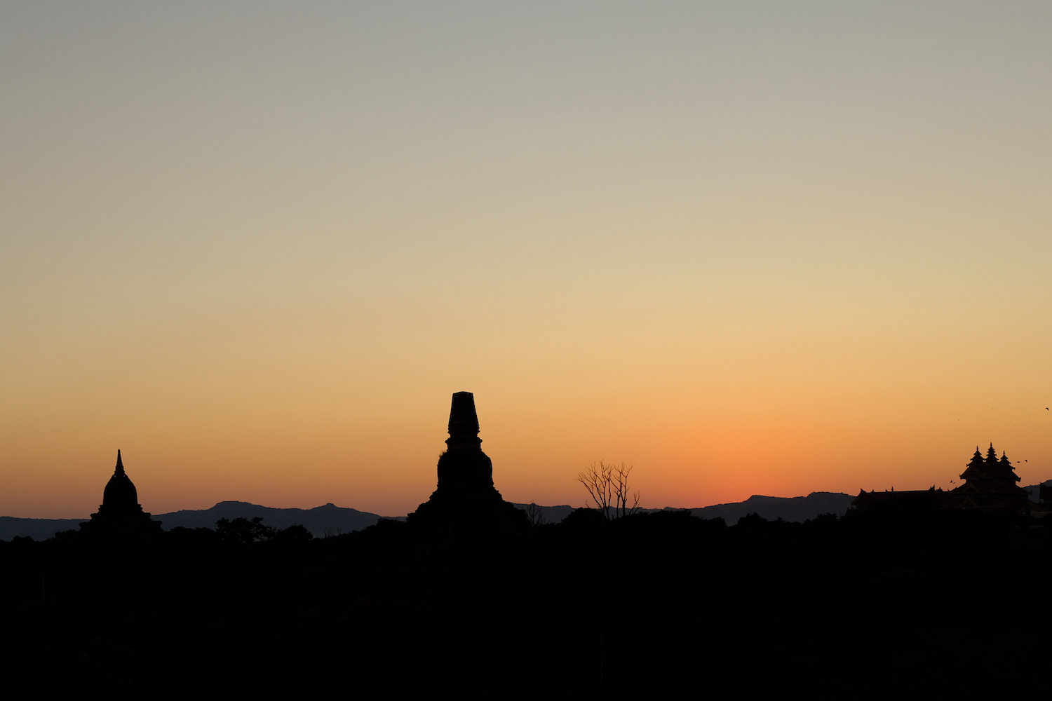 Il tramonto delinea le sagome dI alcune delle innumerevoli pagode di Bagan.