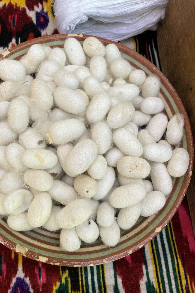 Silkworm cocoons.